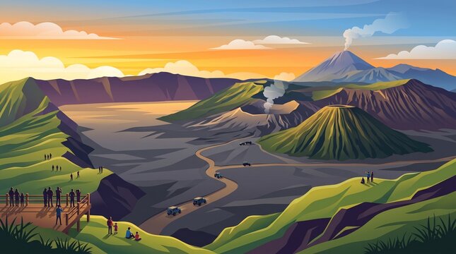 This is a stunning vector-style landscape illustration of Mount Bromo in East Java, Indonesia, during sunrise.

The image features a vast, dramatic caldera with several layered volcanoes. One of the a
