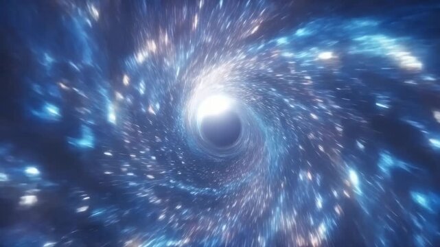 Dark cosmic vortex with spiraling nebular arms, glowing starlight, and intense inward motion around central void in deep space, creating dramatic depth and luminous contrast