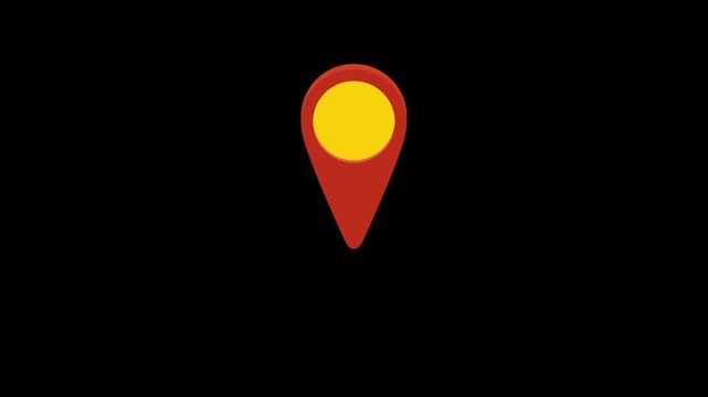 4K motion graphic of Red map location pin bouncing pointing the location with alpha channel transparency. 2D cartoon animation of Map marker icon for GPS, pin drop and navigation on black background.