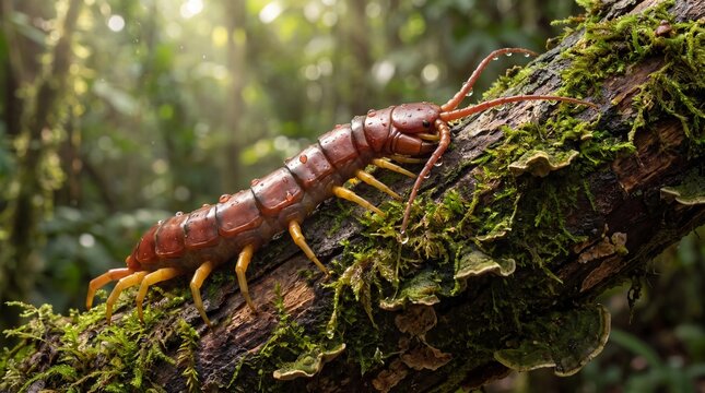 Centipede crawls slowly across a mossy tree branch deep within the lush green tropical rainforest.