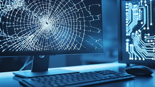 Damaged computer monitor with shattered screen and glowing circuit board in a dark room