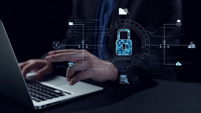 A person typing on a laptop with a futuristic digital interface featuring abstract icons and data visualizations, creating an engaging technological atmosphere. Qubit