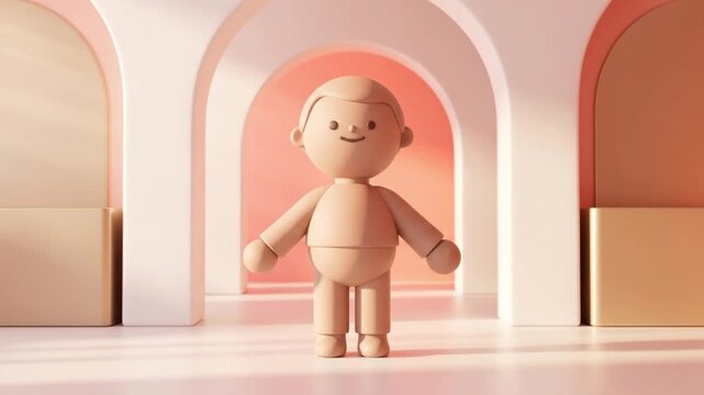 高級スキンケアスタジオで悩む姿からリラックスした笑顔へ変化する人型クレイマスコットの3Dアニメーション