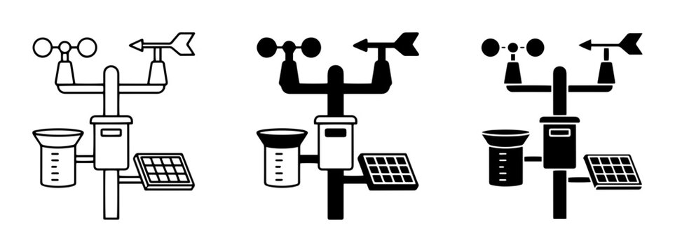 Weather Station Icons, Anemometer, Wind Vane, Rain Gauge, Solar Panel, Meteorology Data Collection