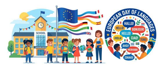 Naklejka premium Diverse Students Celebrate Languages at School with Flags