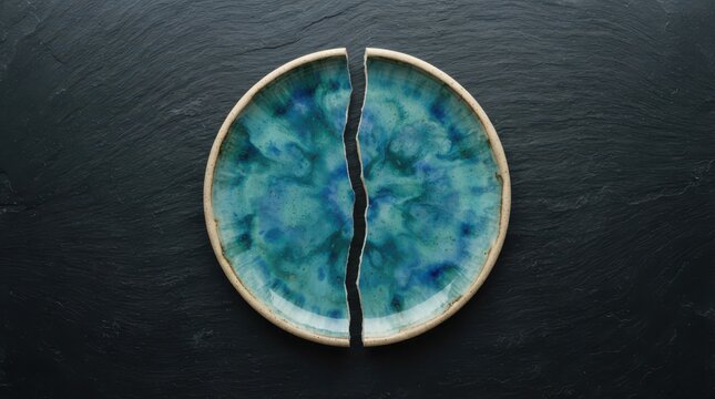 Broken ceramic plate on a dark slate background