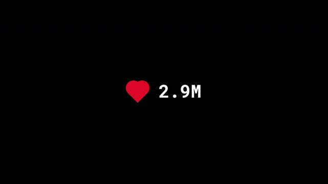 Social Media Like Counter Animation from 1 to 10 Million with Heart Icon, Live Likes Growth, Viral Engagement Statistics, Digital Analytics UI Overlay, Alpha Channel Motion Graphics in 4K
