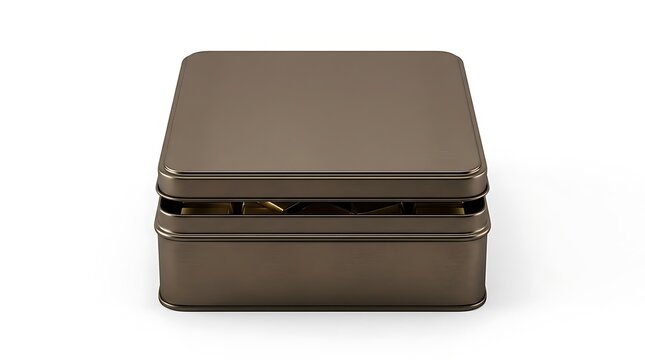 A square bronze colored metal tin box with a slightly open lid, viewed from a angle on a clean white background, for product display
