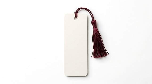 Blank white paper bookmark with a decorative dark burgundy silk tassel, isolated on a plain white background, for reading accessories