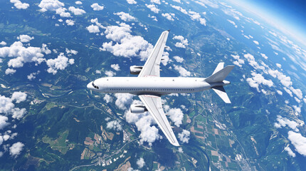 Naklejka premium White passenger airplane flying high over green earth