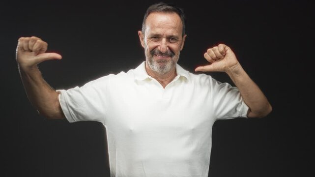 Man points thumbs to chest in studio wearing white polo shirt and smiling with beard; confidence self pride.