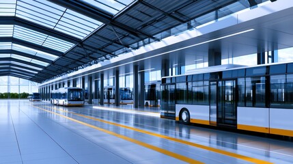 Fototapeta premium A spacious, modern bus depot with large skylights and multiple buses ready for service