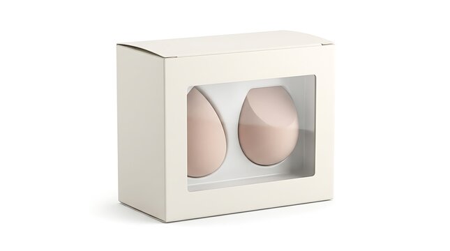Two colored makeup blending sponges inside a white rectangular cardboard box with a clear plastic window display on white background