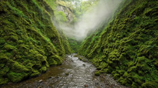 Water flowing through a mossy canyon with mist rising in a lush green forest landscape scene