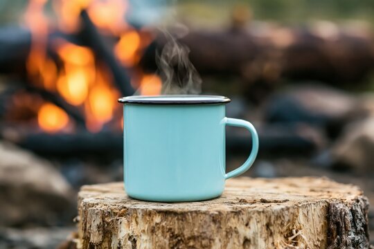 Mug with steaming hot coffee in blue enamel sitting on a wooden camping stump