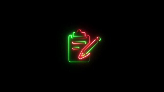 Neon documents check list icon animation. Pencil neon icon. Looped Neon Lines abstract on black background.