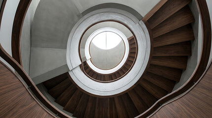 Fototapeta premium Elegant Spiral Staircase: A modern spiral staircase with dark wood treads and concrete walls curves gracefully upwards, leading to an unseen destination.