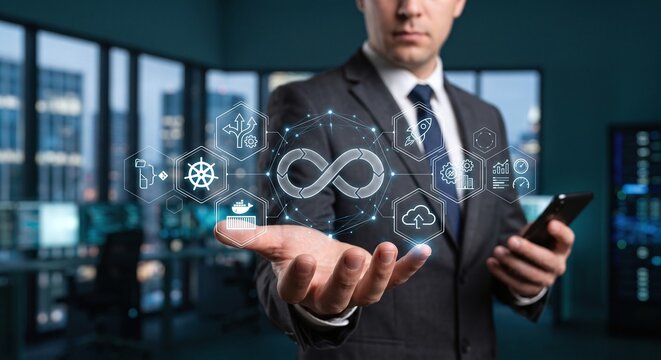 Software engineer displaying a holographic DevOps lifecycle and continuous integration (CI/CD) dashboard.