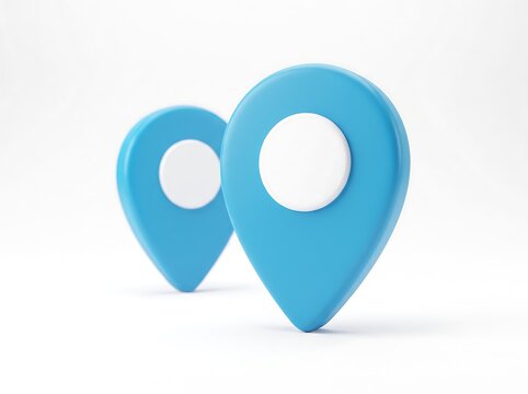 Two 3D blue location pin map icons isolated on white background with location navigation position
