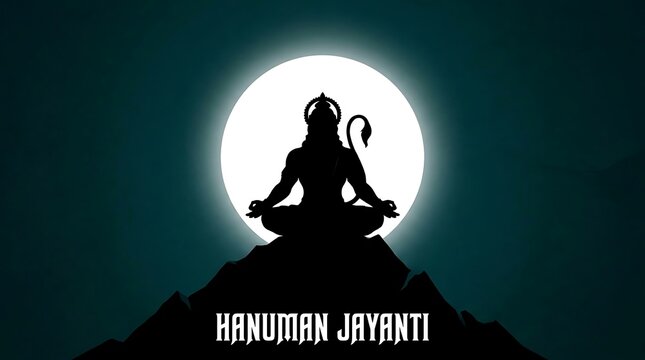 Silhouette of lord hanuman meditating under full moon for hanuman jayanti