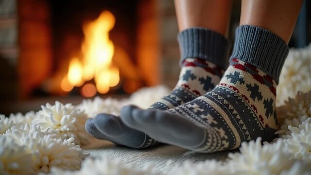 Cozy socks, warm atmosphere, relaxing by the fireplace, soft background