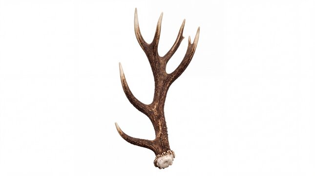 Detailed close up of single brown deer antler isolated featuring natural texture on white background