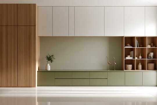 Modern minimalist living room wall unit with sage green cabinets, wood shelving, and white upper storage in a bright, contemporary interior design