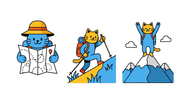Cute cartoon cat hiker and mountain climber adventure vector set