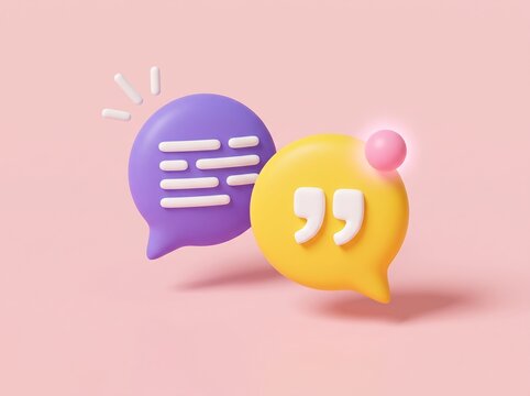 3D render of chat bubbles with notification symbol and quote marks icon communication notification