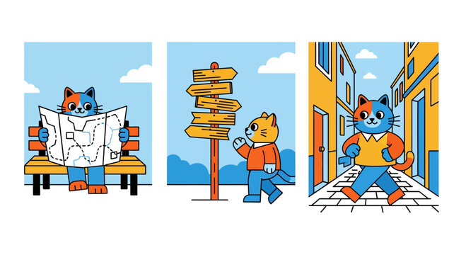 Cute Cat Traveler Exploring City with Map and Signposts Vector