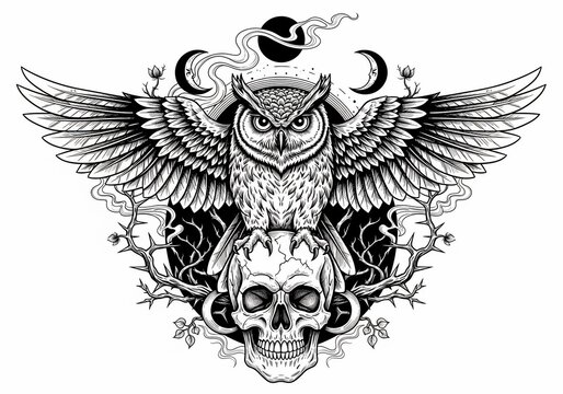 Intricate Line Art: Owl of Wisdom Perched on a Skull, Celestial Phases Above