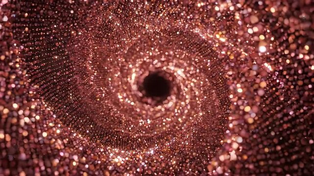 A spiral tunnel of rose gold glitter particles