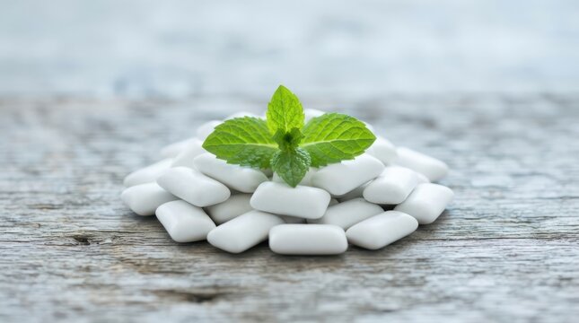 Pile of white chewing gum pieces with a fresh mint sprig on a rustic wooden surface