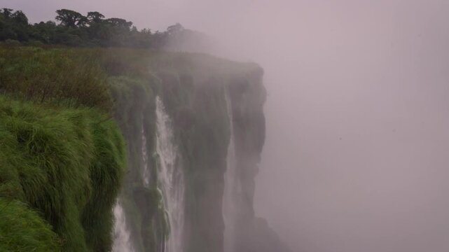 Waterfall swifts fly through the dense mist surrounding Devil's Throat, with the towering cliffs and cascades of Iguazu Falls in the background.