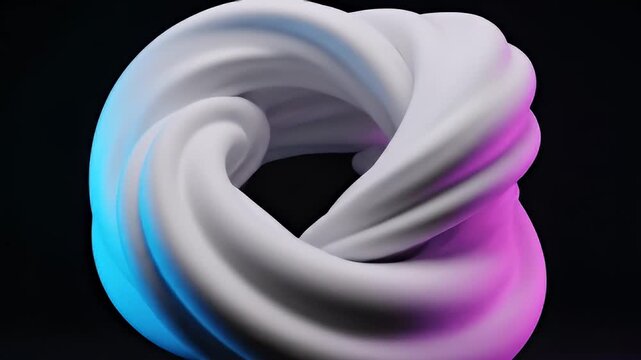 A white twisted torus shape with blue and purple lighting on a black background