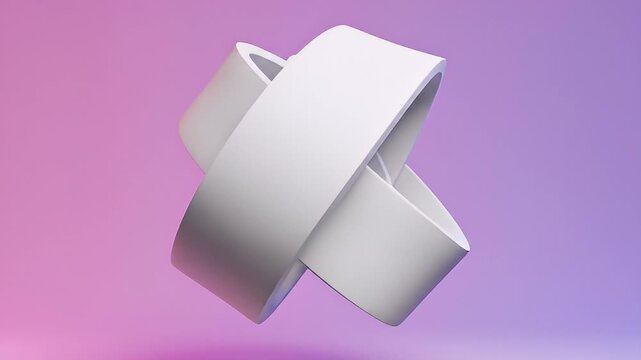 A white intertwined tubular sculpture against a gradient purple and pink background