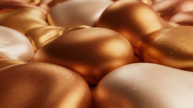 Abstract arrangement of smooth reflective ovalshaped objects in metallic gold and pearl