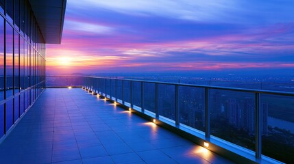 Obraz premium Modern terrace with glass railings overlooking cityscape during vibrant sunset, reflecting sky hues