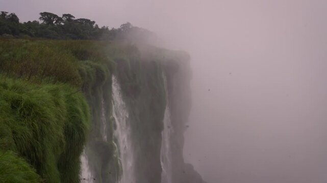 Extended shot of Devil's Throat with waterfall swifts crossing the mist as powerful waterfalls plunge into the gorge at Iguazu Falls.