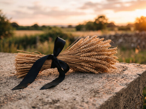 Wheat sheaf tied with black ribbon lying on stone wall sunset