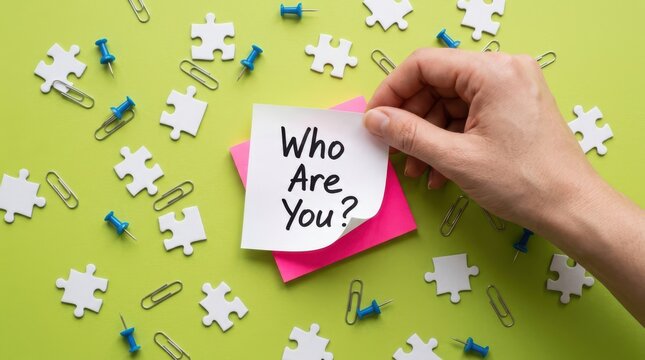 A hand holding a note with the question who are you written on it, surrounded by puzzle pieces, paper clips, and push pins