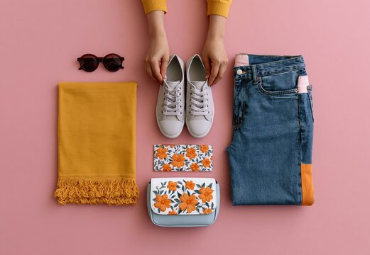 Fashion flat lay of summer outfit with jeans sneakers and accessories in style