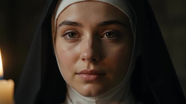 Young Emotional Nun Staring Intently Beside Glowing Candlelight. Vertical video
