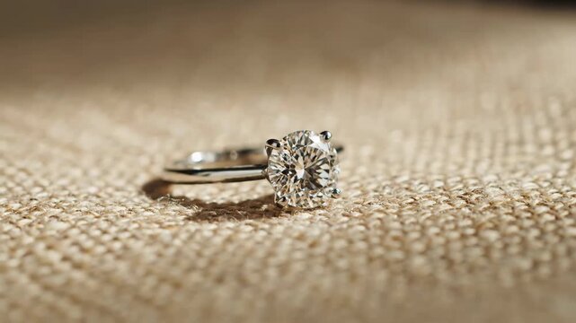 Elegant Diamond Solitaire Ring on Textured Fabric Background