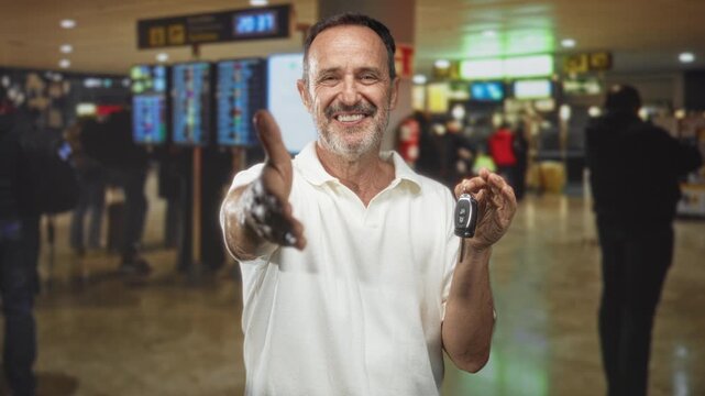 Man smiling middleaged, offering car key and extended hand for handshake at busy airport terminal checkin area near departures display and crowded lobby; trust.