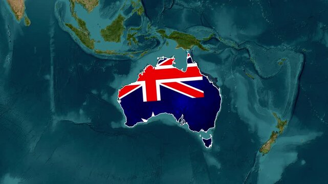Map of australia with the australian flag superimposed animation, showing the continents geographical location in the south pacific ocean