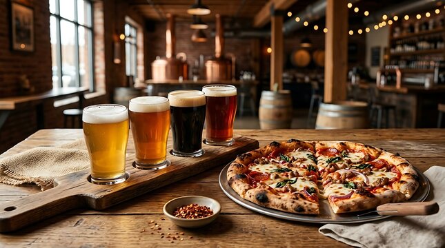 Craft Beer Flight and Pizza on a Wooden Table in a Brewery
