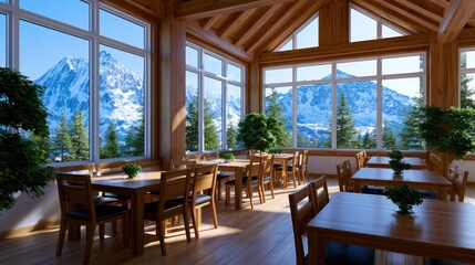 Fototapeta premium Sunlit wooden dining room with large windows offers breathtaking snow-capped mountain views