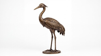 Obraz premium Elegant bronze crane sculpture showing intricate metal feathers standing tall in a studio on white background
