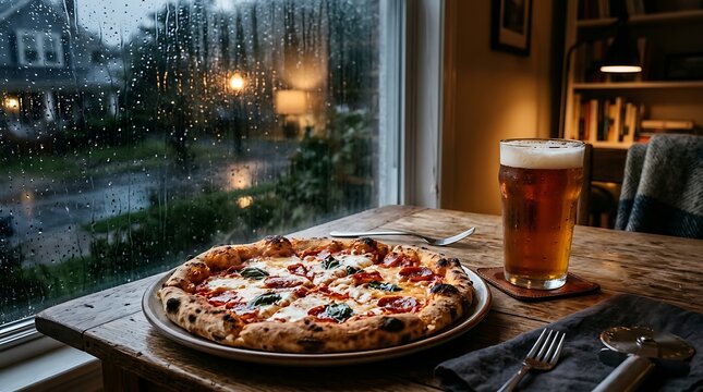 Pizza and Beer on a Table by a Rainy Window